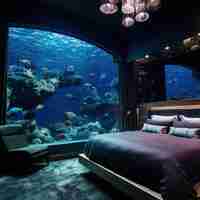 Photo une chambre à coucher avec un lit et un grand aquarium avec des poissons qui y nagent