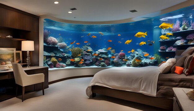 Photo une chambre à coucher avec un lit et un grand aquarium