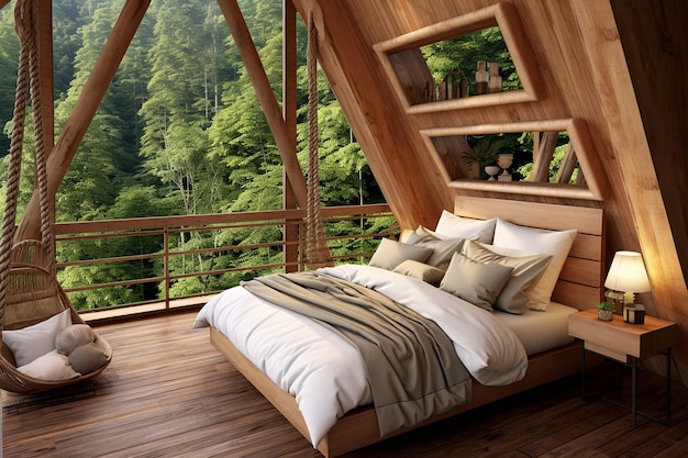 Chambre à coucher avec un lit de grenier et un hamac suspendu en dessous pour la relaxation