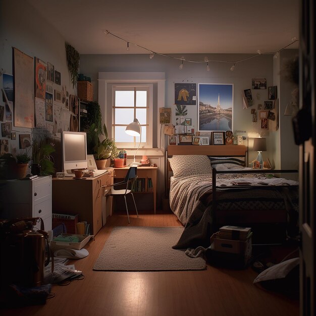 Photo une chambre à coucher avec un lit et des images sur le mur