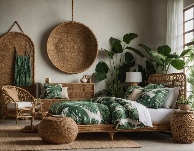 une chambre à coucher avec un lit et une plante accrochée au plafond