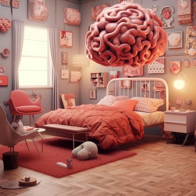 une chambre à coucher avec un lit rose et un lit rose avec le mot cerveau sur le mur
