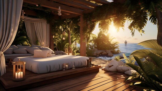 une chambre à coucher avec un lit et un soleil couchant sur l'océan