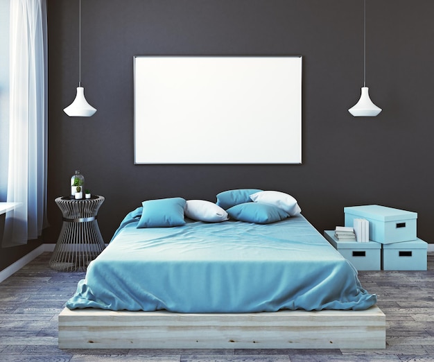 Chambre à coucher masculine moderne avec façade d'affiche vide