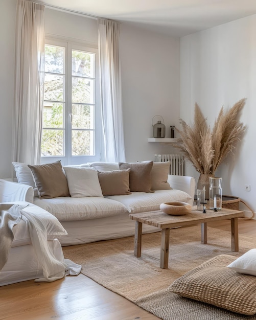 Chambre à coucher minimaliste sereine en ton persique Composition intérieure dans une maison de luxe