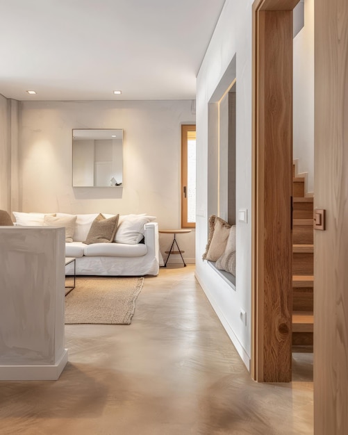 Chambre à coucher minimaliste sereine en ton persique Composition intérieure dans une maison de luxe