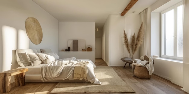 Chambre à coucher minimaliste sereine en ton persique Composition intérieure dans une maison de luxe