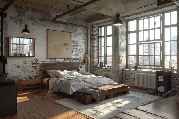 Chambre à coucher moderne au grenier avec éclairage industriel fixtu