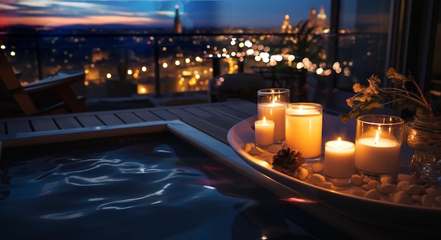 chambre à coucher moderne bain à chaud sur la suite patio grandes fenêtres vue sur la ville de nuit