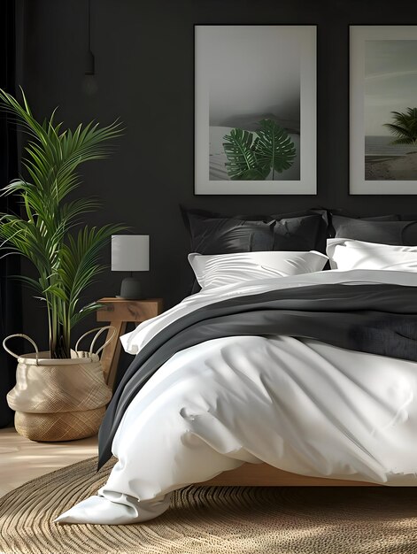 Une chambre à coucher moderne avec des couleurs émoussées avec des plantes vertes intérieur de chambre à couche confortable haute résolution