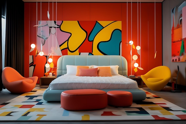 Une chambre à coucher moderne décorée de couleurs vives