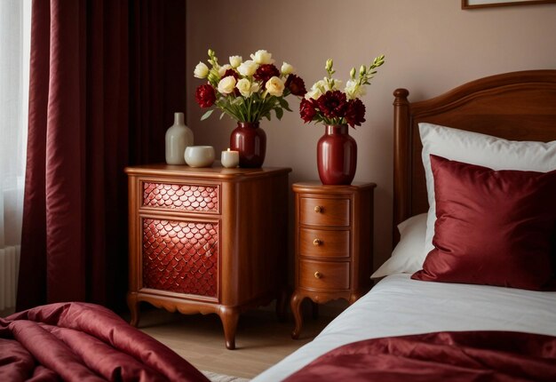 Chambre à coucher moderne avec un gros plan de l'armoire de chevet Vase de fleurs sur l'arrondissement de chevet près du lit