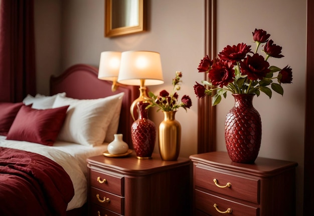 Chambre à coucher moderne avec un gros plan de l'armoire de chevet Vase de fleurs sur l'arrondissement de chevet près du lit