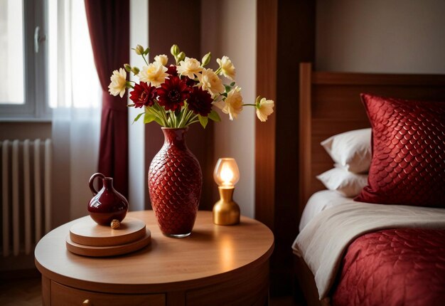 Chambre à coucher moderne avec un gros plan de l'armoire de chevet Vase de fleurs sur l'arrondissement de chevet près du lit