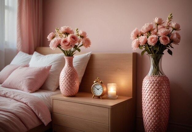 Photo chambre à coucher moderne avec un gros plan de l'armoire de chevet vase de fleurs sur l'arrondissement de chevet près du lit