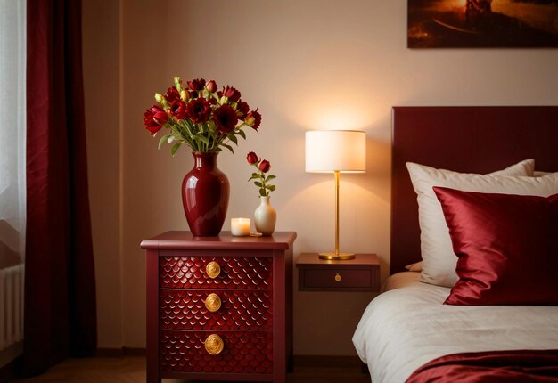 Chambre à coucher moderne avec un gros plan de l'armoire de chevet Vase de fleurs sur l'arrondissement de chevet près du lit