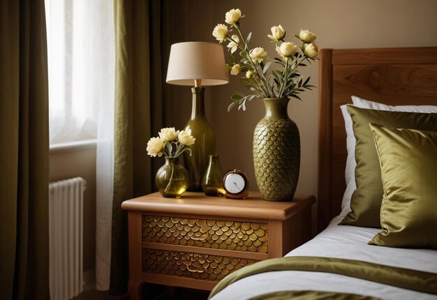 Chambre à coucher moderne avec un gros plan de l'armoire de chevet Vase de fleurs sur l'arrondissement de chevet près du lit