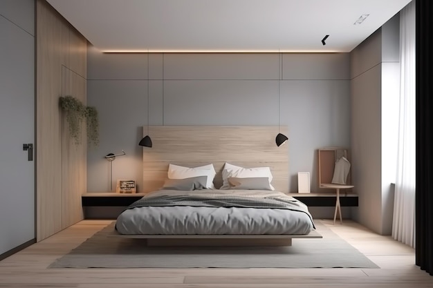 Chambre à coucher moderne Intérieur Loft et chambre à coucher moderne en image de rendu 3D blanche Belle chambre meublée dans une nouvelle maison de luxe Intérieur de chambre à coucher rendu 3d AI générative