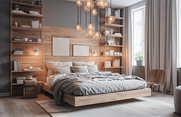 Chambre à coucher moderne jaune et chaude avec un intérieur en bois neutre