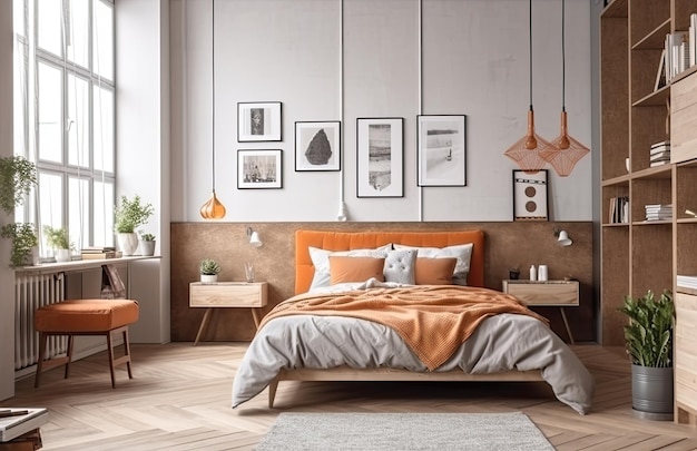 Chambre à coucher moderne jaune et chaude avec un intérieur en bois neutre