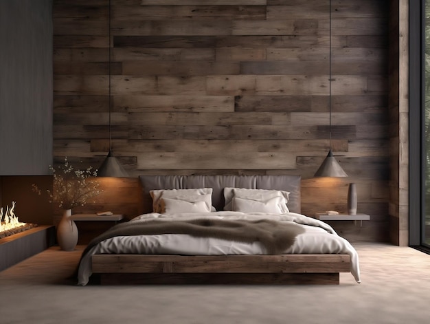 Chambre à coucher moderne avec un lit en bois contre un mur de panneaux en bois de grange récupéré