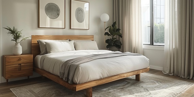Chambre à coucher moderne lumineuse et confortable avec grand lit en bois lissage de la lumière du matin avec décoration moderne rendu 3d