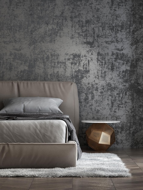Photo chambre à coucher moderne et mur en béton texture fond design d'intérieur rendu 3d