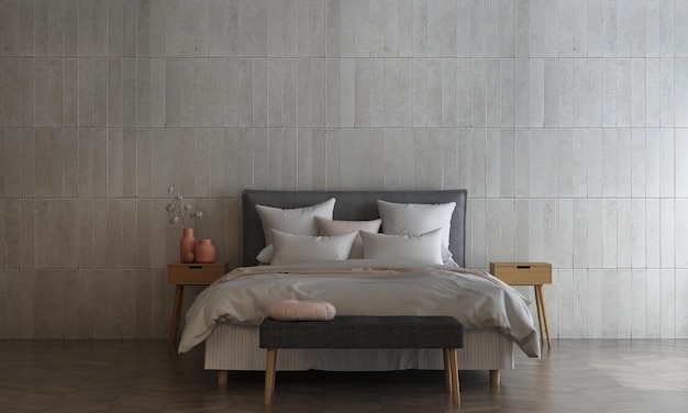 Chambre à coucher moderne et mur de brique vide texture fond design d'intérieur rendu 3d