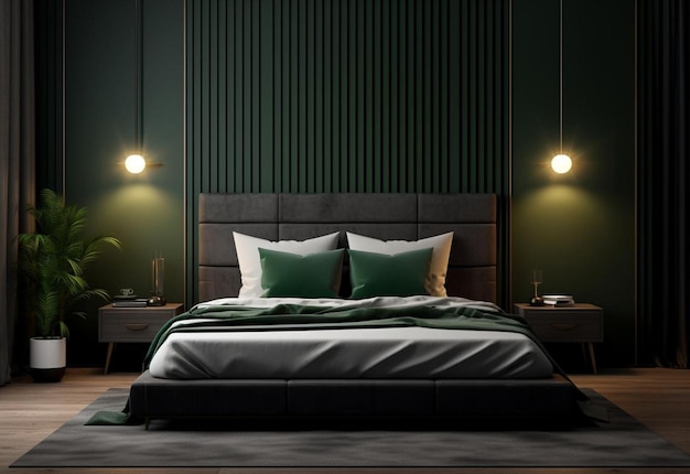 chambre à coucher moderne noire et vert foncé rendu 3D moderne