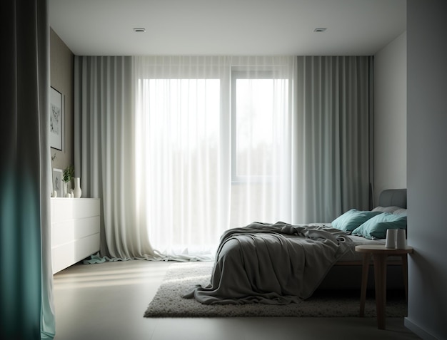 Chambre à coucher moderne avec des rideaux vaporeux et décontractés