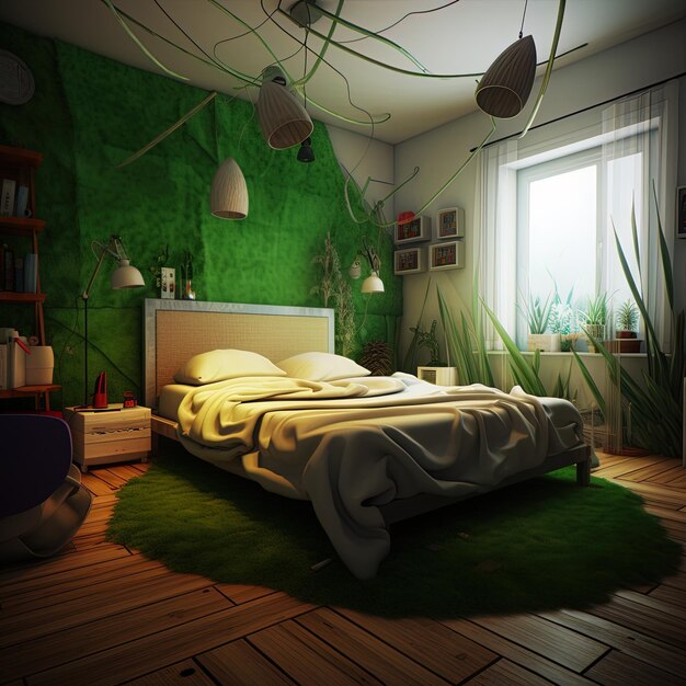 Photo une chambre à coucher avec un mur vert et un lit avec un mur vert derrière elle