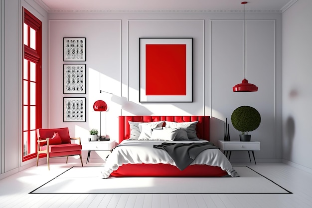 Chambre à coucher avec murs blancs et scène d'intérieur de meubles rouges et maquette
