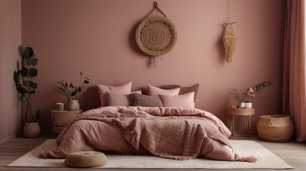 une chambre à coucher avec des murs roses et un lit avec des draps russes et un panneau rond qui dit coin