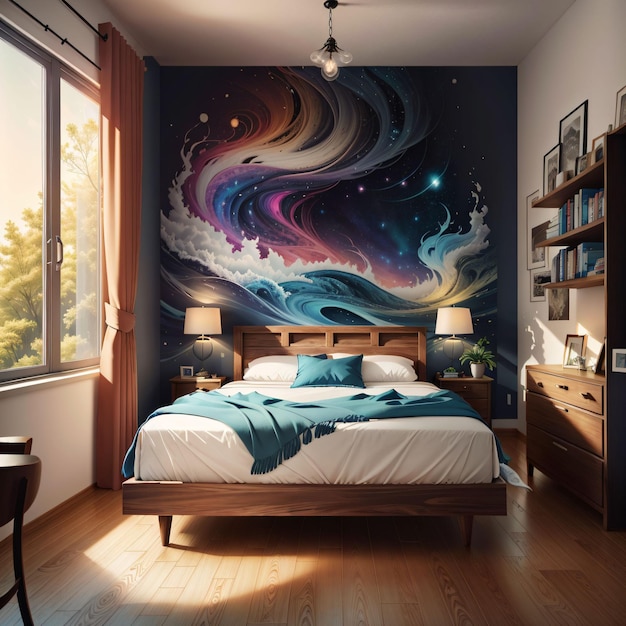 chambre à coucher avec peinture colorée sur le mur