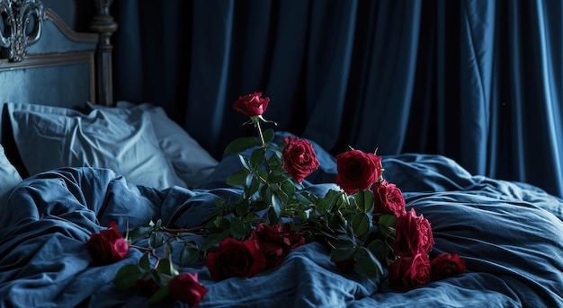 chambre à coucher romantique avec des roses fraîches par un lit