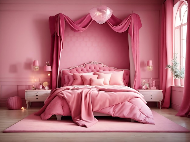 Photo chambre à coucher rose confortable avec un lit en tissu de velours rose décoré d'une couverture, d'oreillers et d'une lampe