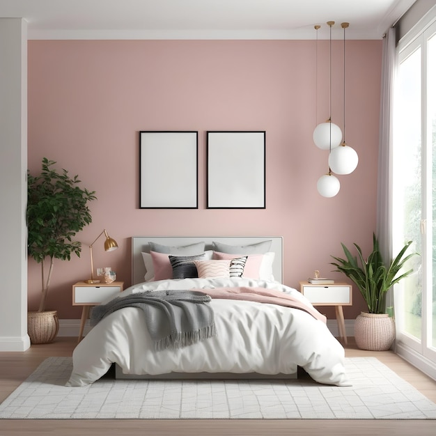 Photo une chambre à coucher rose moderne et confortable.