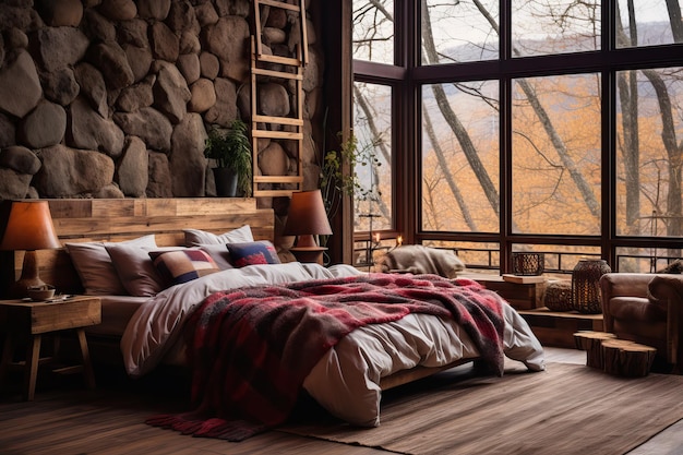 Chambre à coucher rustique avec des éléments naturels et une décoration en pierre