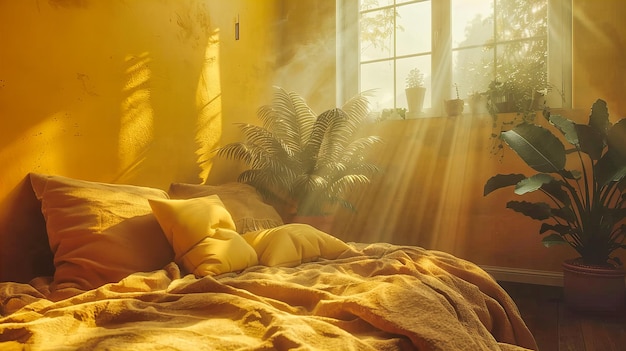 Photo chambre à coucher sereine attendant la lumière du matin draps blancs confortables et oreillers couchés au soleil confort à la maison défini