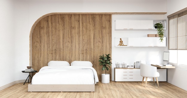 Chambre à coucher de style minimal japonaisMur blanc moderne et salle de plancher en bois minimaliste