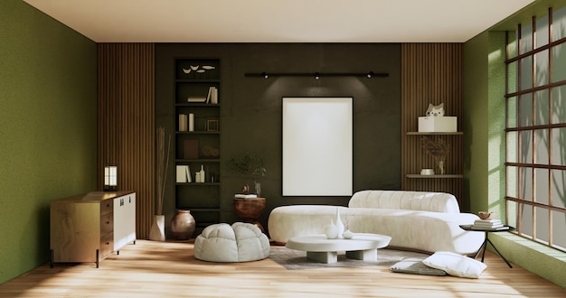 Chambre à coucher de style minimal japonaisMur vert moderne et salle de plancher en bois rendu 3D minimaliste