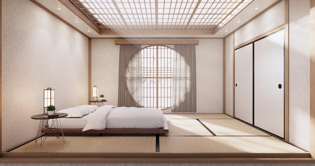 La chambre à coucher, style minimaliste japonais. Rendu 3D