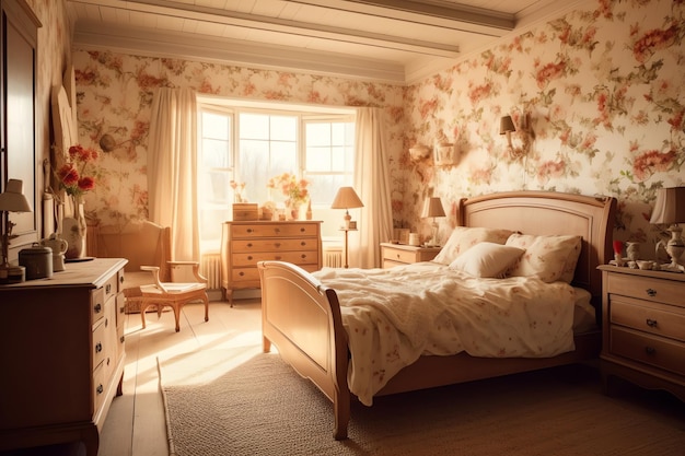 Chambre à coucher de style rural anglais avec du papier peint floral