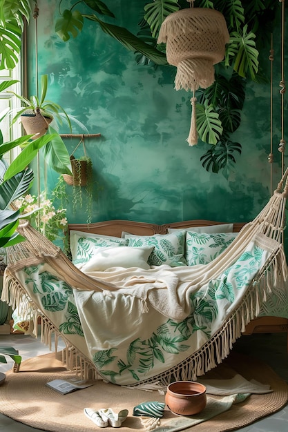 Photo chambre à coucher à thème amazonien confortable avec des imprimés de feuilles tropicales tissés jambon disposition intérieure décor créatif