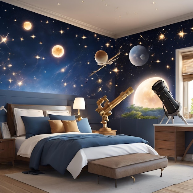 Une chambre à coucher sur le thème céleste avec des œuvres d'art de constellation de papier peint étoilé et un télescope par la victoire