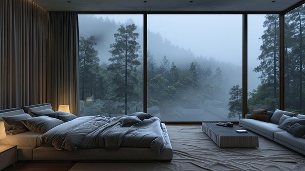 une chambre à coucher avec vue sur une forêt et des montagnes