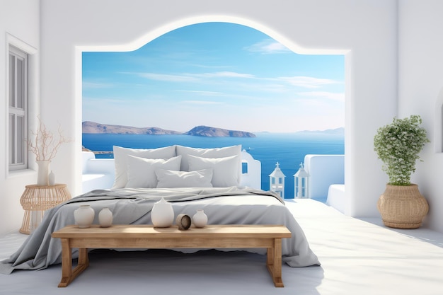 Chambre à coucher avec vue sur la mer Intérieur de chambre à coucher blanc style Santorini