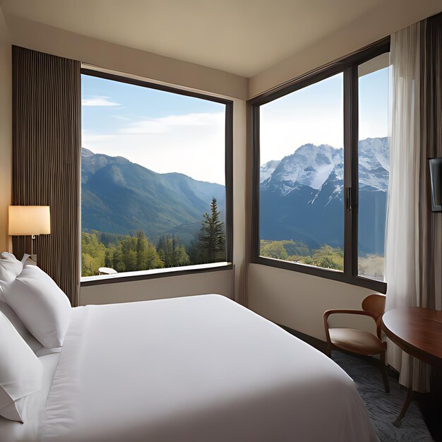 une chambre à coucher avec vue sur une montagne et un lit avec vue sur la montagne