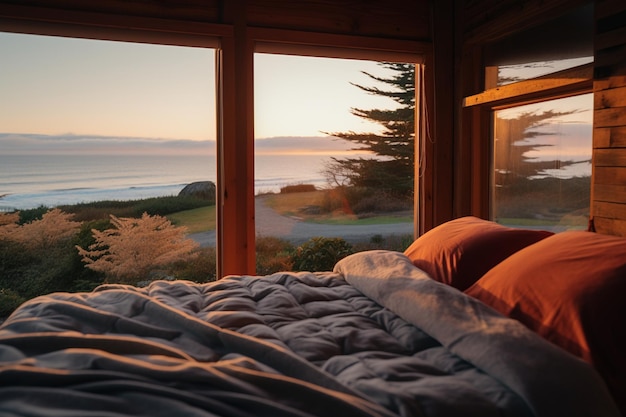 Une chambre à coucher avec vue sur l'océan et le soleil qui brille par la fenêtre