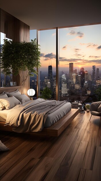 une chambre à coucher avec une vue sur un paysage urbain et une cityscape